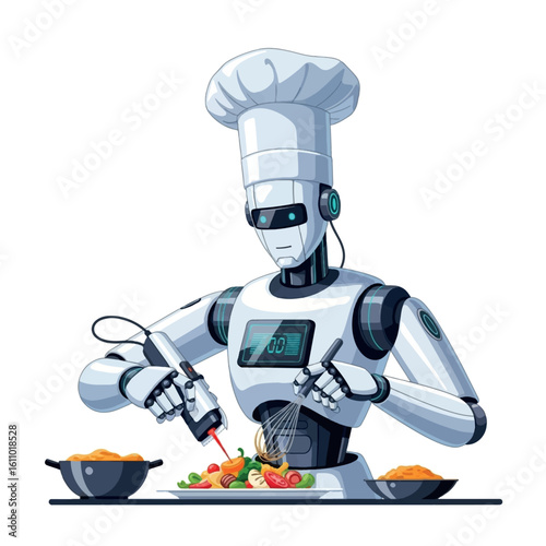 A robotic chef meticulously prepares a colorful vegetable dish, using advanced culinary tools.