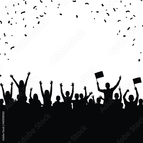Cheering crowd with raised hands and flags under falling confetti people celebration
