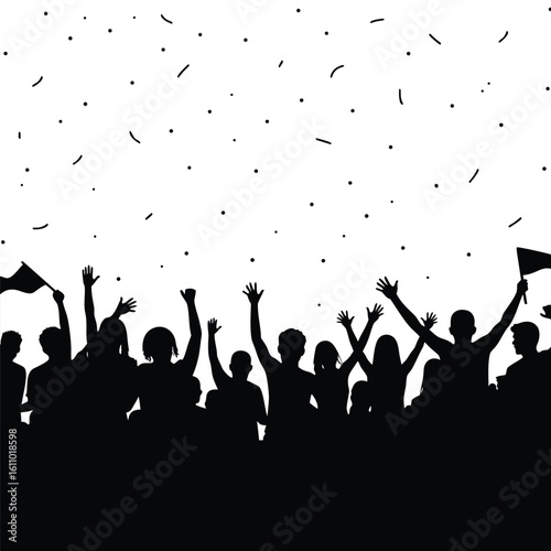 Crowd celebrating with confetti and flags celebration cheering
