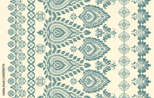 floral pattern vintage ethnic modern embroidery texture boho design vector illustration hand drawn pink flower motif branches leaves wallpaper seamless background border.