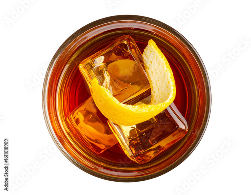 Top-Down View of Godfather Cocktail with Citrus Garnish, Transparent PNG Cutout