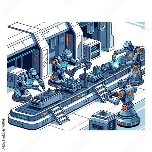 Robots collaborate on an automated assembly line in a futuristic factory, meticulously crafting technological components.
