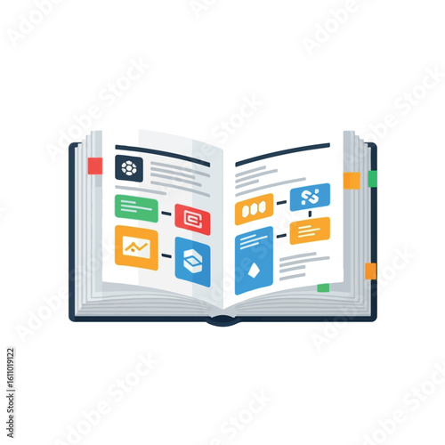 Open book displaying a detailed business plan with colorful icons and sticky notes.