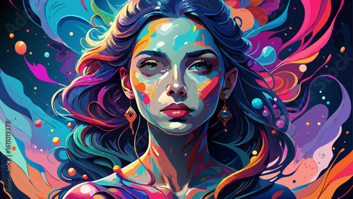 very Beautiful  close up  beautiful fantasy abstract portrait of a beautiful woman double exposure with a colorful digital paint splash or space nebula