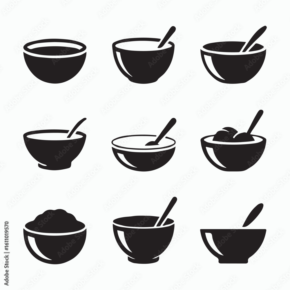 Fototapeta premium Simple Black and White Soup or Cereal Bowls with Spoons 