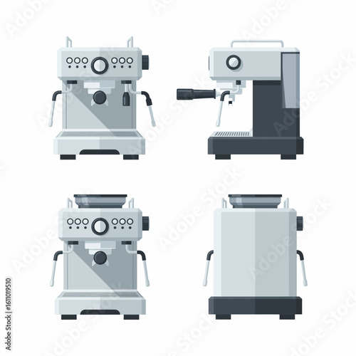 Espresso Machine Set Front Side and Isometric Views