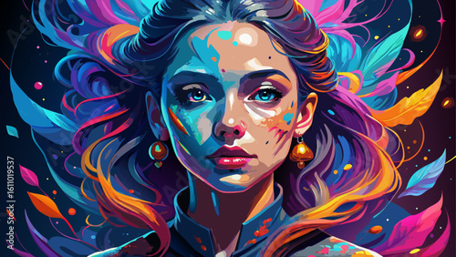 very Beautiful  close up  beautiful fantasy abstract portrait of a beautiful woman double exposure with a colorful digital paint splash or space nebula