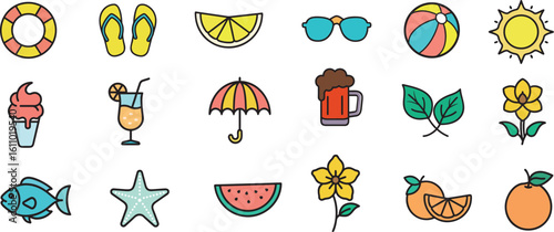 Colorful Summer, Beach, and Vacation Icon Set