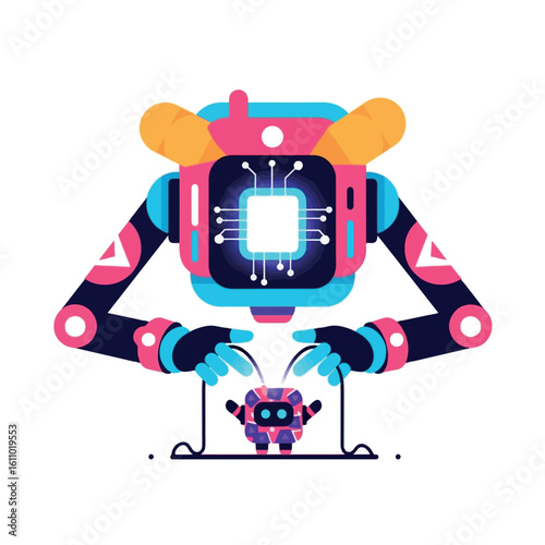 A large, friendly robot gently manipulates a smaller, interconnected robotic companion.