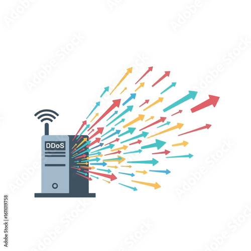 A server is under DDoS attack, with arrows representing the flood of malicious traffic.