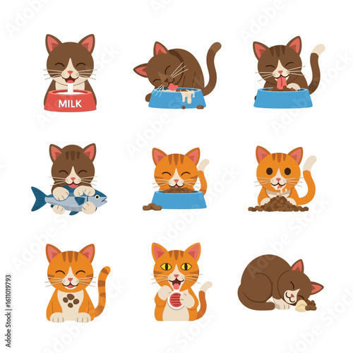 A collection of cartoon cats in various poses: drinking milk, eating fish, playing, and sleeping, all depicted in a bright, cheerful style.