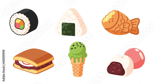 Illustration of various Japanese desserts and snacks including sushi, onigiri, taiyaki, dorayaki, ice cream, and mochi.