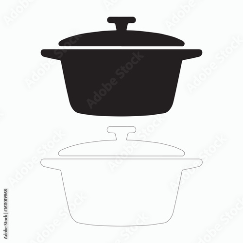 Simple black and white illustration of a covered cooking pot.
