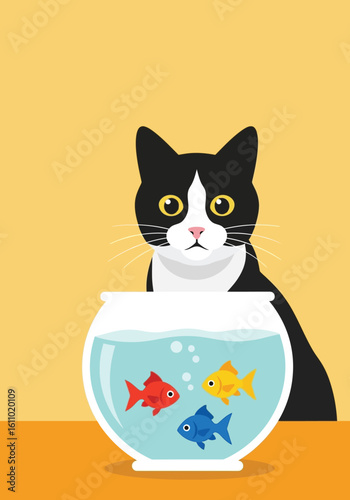 A black and white cat stares intently at a fishbowl containing three colorful goldfish, set against a yellow background.