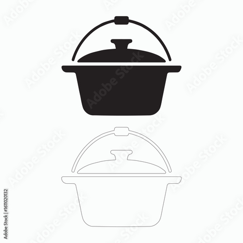 Simple black and white illustration of a covered cooking pot.
