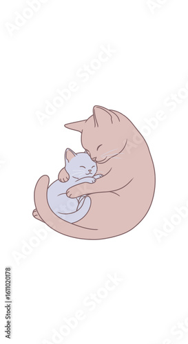 A tender illustration of a mother cat embracing her kitten, curled up together in a loving and protective pose.