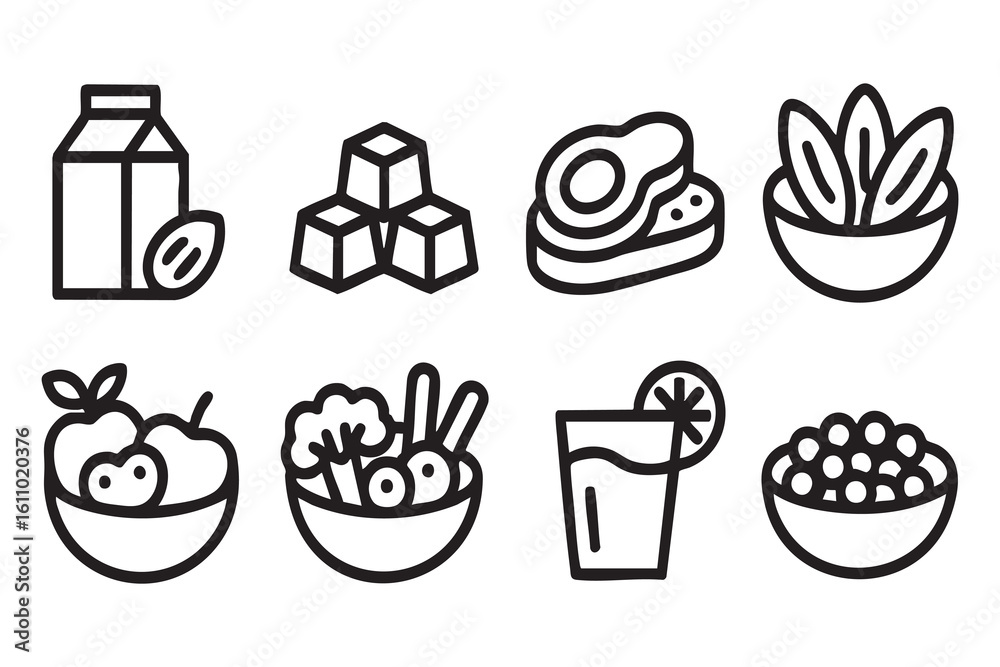 Fototapeta premium Food and drink icons including milk carton fruit bowl steak and salad vector