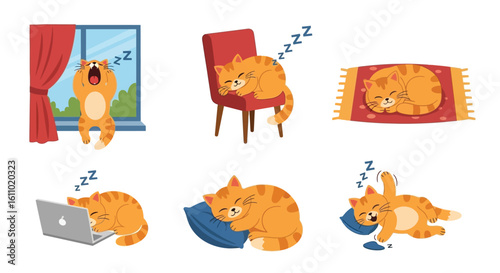 Collection of cartoon illustrations depicting a ginger cat sleeping in various positions and locations, including on a chair, rug, laptop, and pillow.
