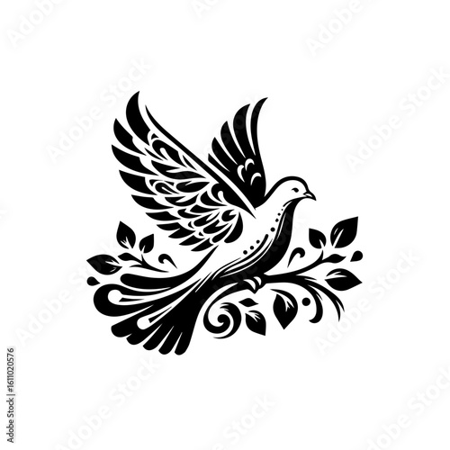 Ornate dove with floral elements on white background