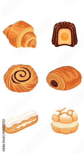 A collection of six different pastries including a croissant, canelé, cinnamon roll, pain au chocolat, éclair, and cream puff.