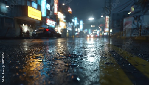 Rainy Night City Street Scene With Reflections