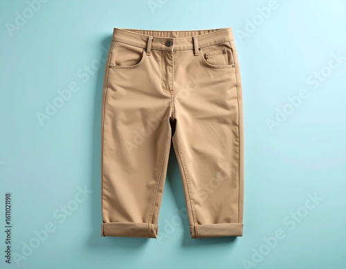 Stylish Khaki Capri Pants on Turquoise Background, Studio Shot, Flat Lay.