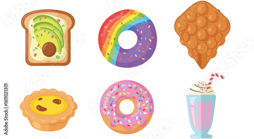 A colorful illustration of six different food items: avocado toast, rainbow donut, egg waffle, egg tart, pink donut, and a milkshake.