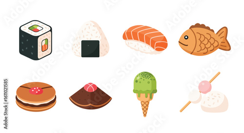 An illustration of various Japanese foods and desserts including sushi, onigiri, taiyaki, mochi, and ice cream, arranged in a row on a white background.