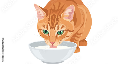 An orange tabby cat with green eyes drinks milk from a white bowl, its tongue lapping at the liquid.