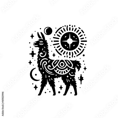 Ornate llama with celestial elements in black and white