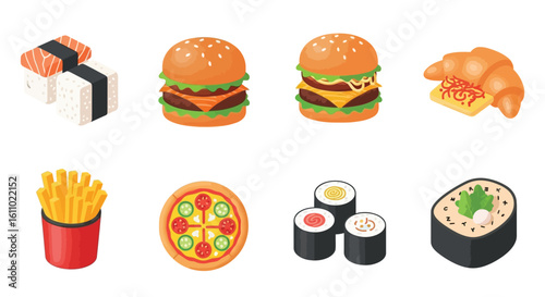 Illustration of various fast food items including sushi, burgers, croissant, fries, and pizza, arranged in two rows on a white background.