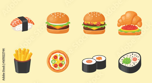 Illustration of various fast food items including sushi, burgers, croissant, fries, and pizza, arranged in two rows on a white background.