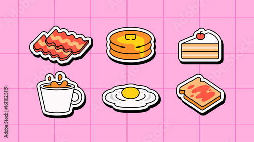 Icon illustration breakfast foods including bacon, pancakes with syrup, a slice of cake, a cup of coffee, a fried egg, and toast with jam for food blogs, packaging