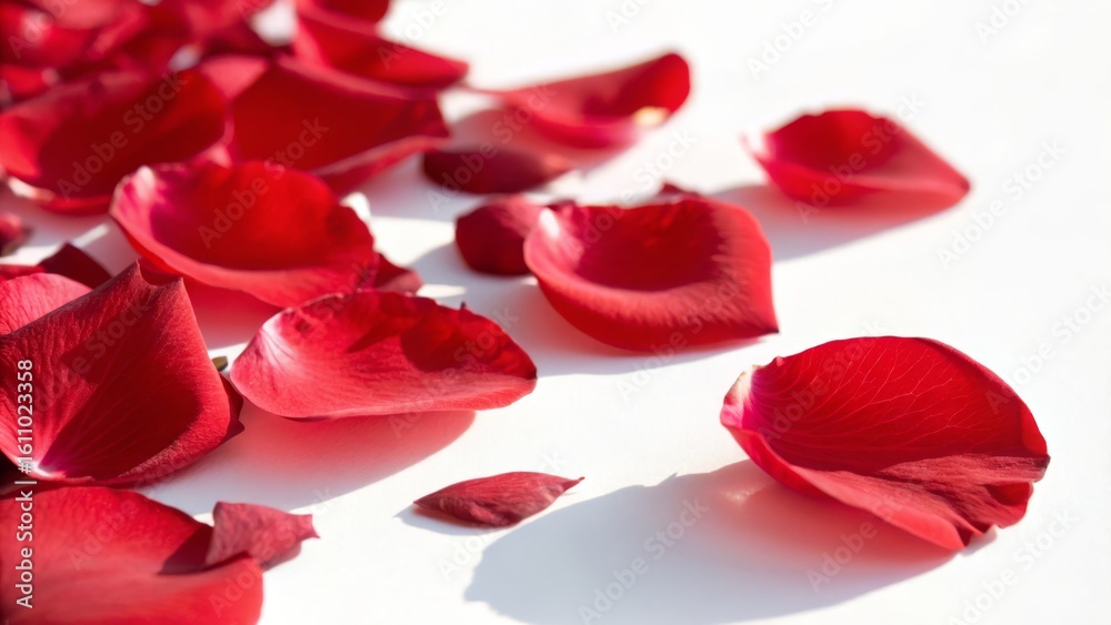 Fototapeta premium Scattered vibrant red rose petals on a bright white surface, showcasing delicate texture and rich color contrast.