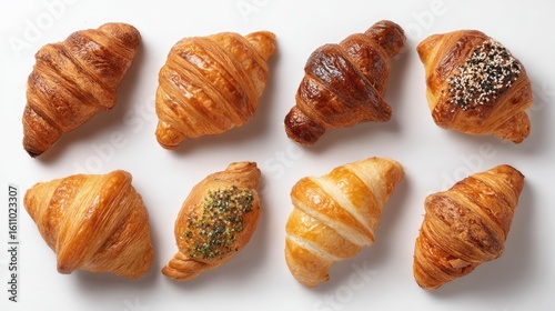 Assortment of croissants showcases a variety of flavors and toppings on a white background.