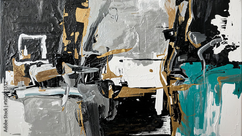 Abstract painting combining black, white, gold, and teal colors