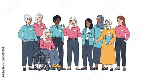 Diverse group of women standing together representing various ages abilities and ethnicities sharing a moment of connection