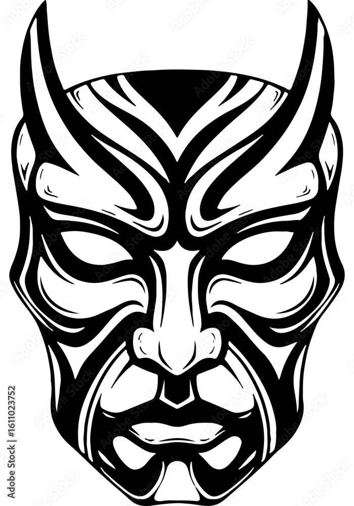 Obraz premium Dramatic Stylized Mask in Woodcut Style with Bold Clean Lines. Tribal, Mythical, and Ancient Art Inspired Vector Illustration