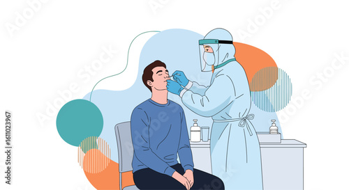 Healthcare professional in protective suit performing nasal swab test on a patient for virus detection and disease diagnosis during pandemic