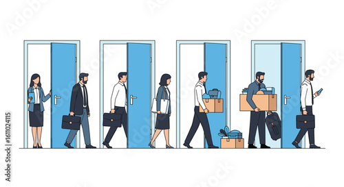 Employees entering and exiting offices signaling career progression and staff turnover concepts