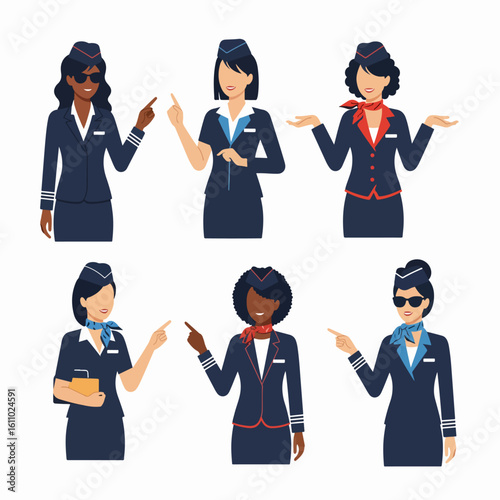 Diverse group of professional flight attendants in uniform, performing various gestures, ideal for aviation, travel, and customer service related design projects.