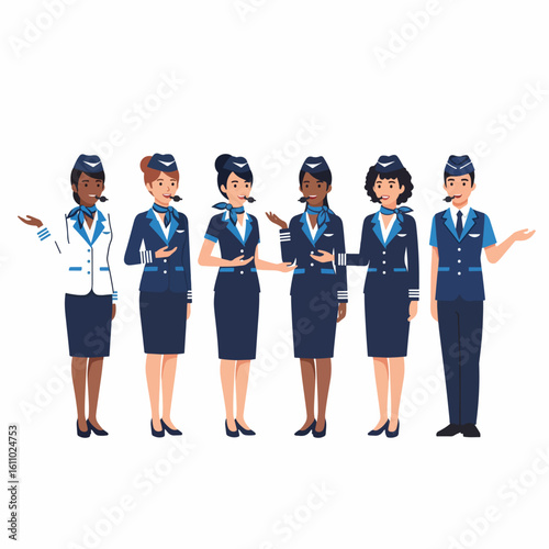Flat Design Illustration Set of Airline Crew Characters: Pilots and Flight Attendants in Various Poses with Documents and Luggage
