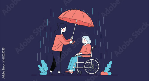 Illustration of one person holding an umbrella over another person in a wheelchair during a rain shower symbolizing care and support for the elderly or disabled