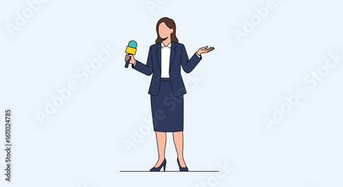 Professional female reporter in business suit holding microphone and gesturing while delivering news with confident expression on light blue background