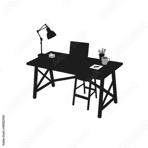 Black desk with lamp chair and coffee cup pens
