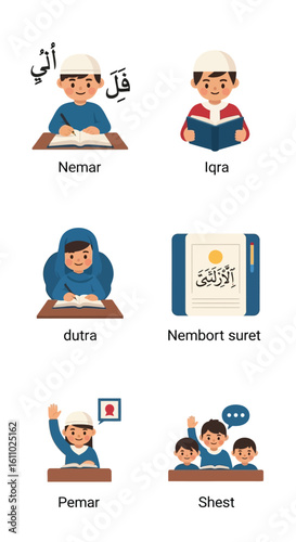 Illustration of character of Muslim students on a white background.