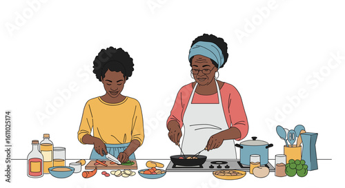 Two generations of black women happily preparing a delicious meal together in a cozy kitchen environment with fresh ingredients and cooking utensils laid out on the counter