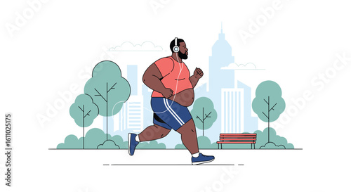 Athletic man with headphones enjoying a vigorous run through an urban park setting with tall buildings and trees in the background promoting healthy living and outdoor activity