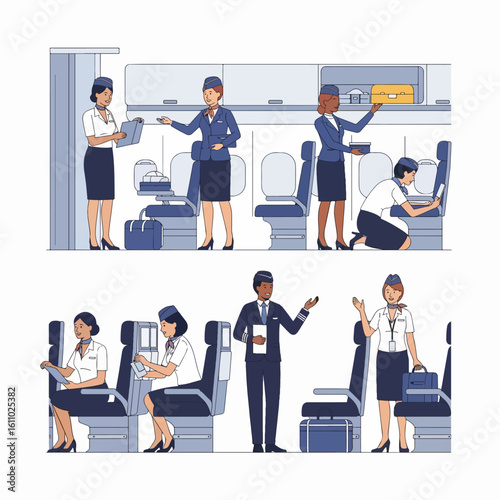 Professional Air Travel Staff: Flight Attendants and Pilot Performing Duties Inside Aircraft Cabin