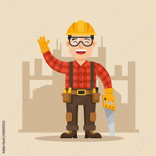 Cheerful Carpenter Waving and Holding Saw – Flat Vector Illustration